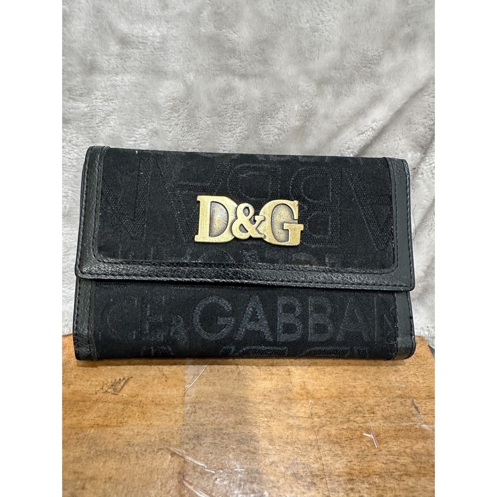 Vintage Dolce & Gabbana D&G Black Monogram Jacquard Leather Flap Wallet Y2K